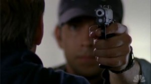 Chuck shoots bad guys over Awesome's shoulder